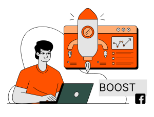 Illustration boost Facebook avec fusée et graphique de croissance