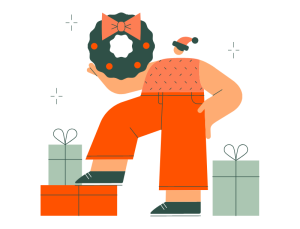 Personne avec couronne et cadeaux, pour contenu réseaux sociaux fin d’année