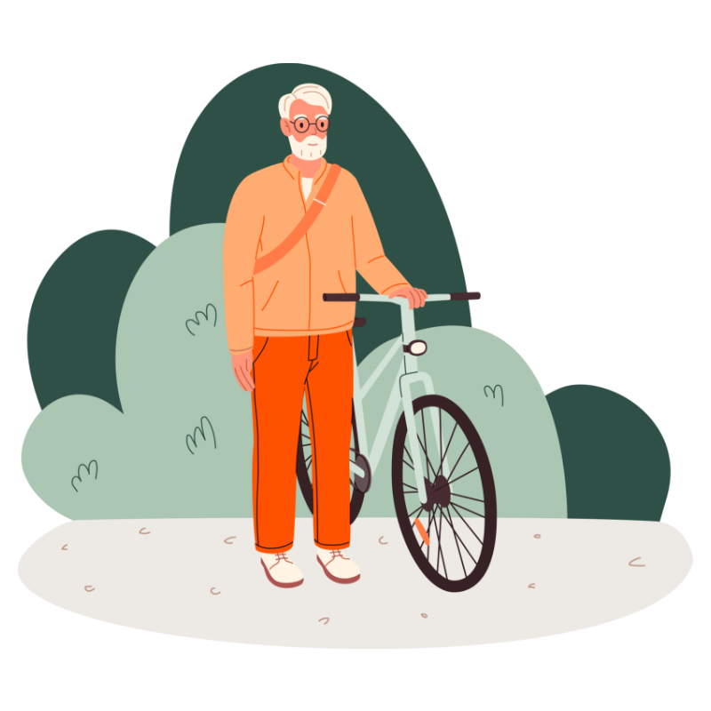 Illustration homme âgé avec vélo représentant persona audience des aînés