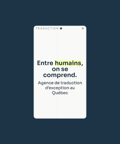 Page d’accueil mobile du site Web de Traduction M, mettant de l’avant leur approche humaine de la traduction